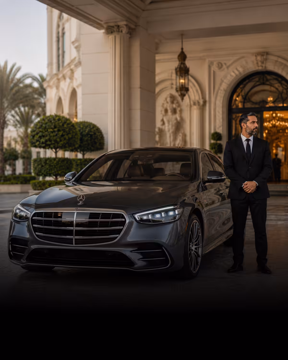 Riderzone chauffeur car in Dubai: Mercedes S-Class luxury sedan with a professional chauffeur