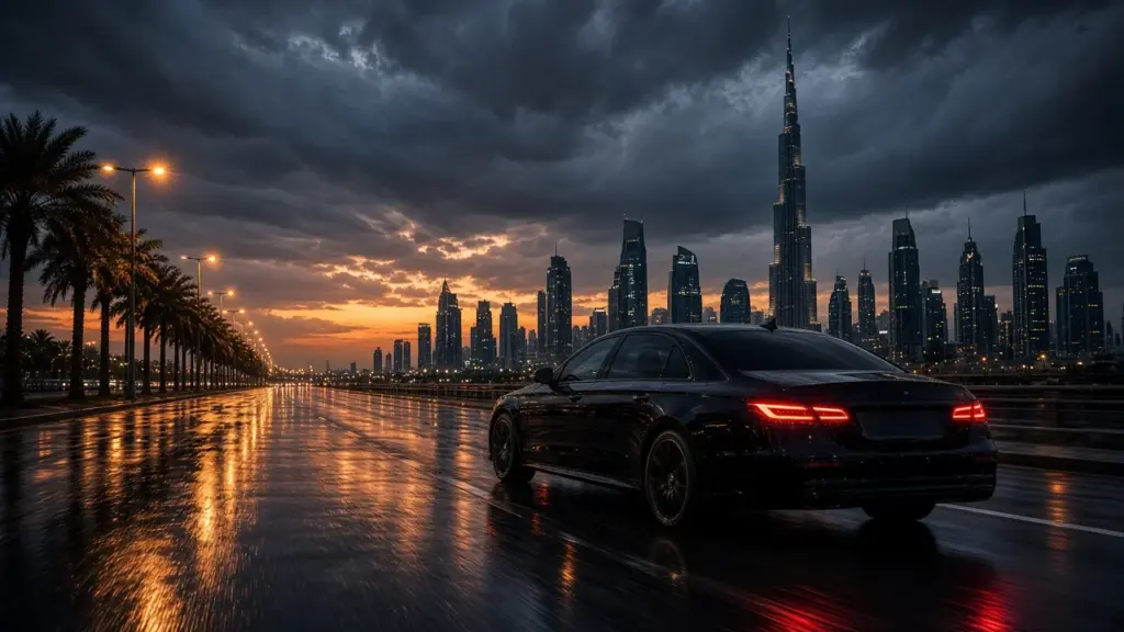 Black chauffeur car on a Dubai road with the Burj Khalifa at dusk