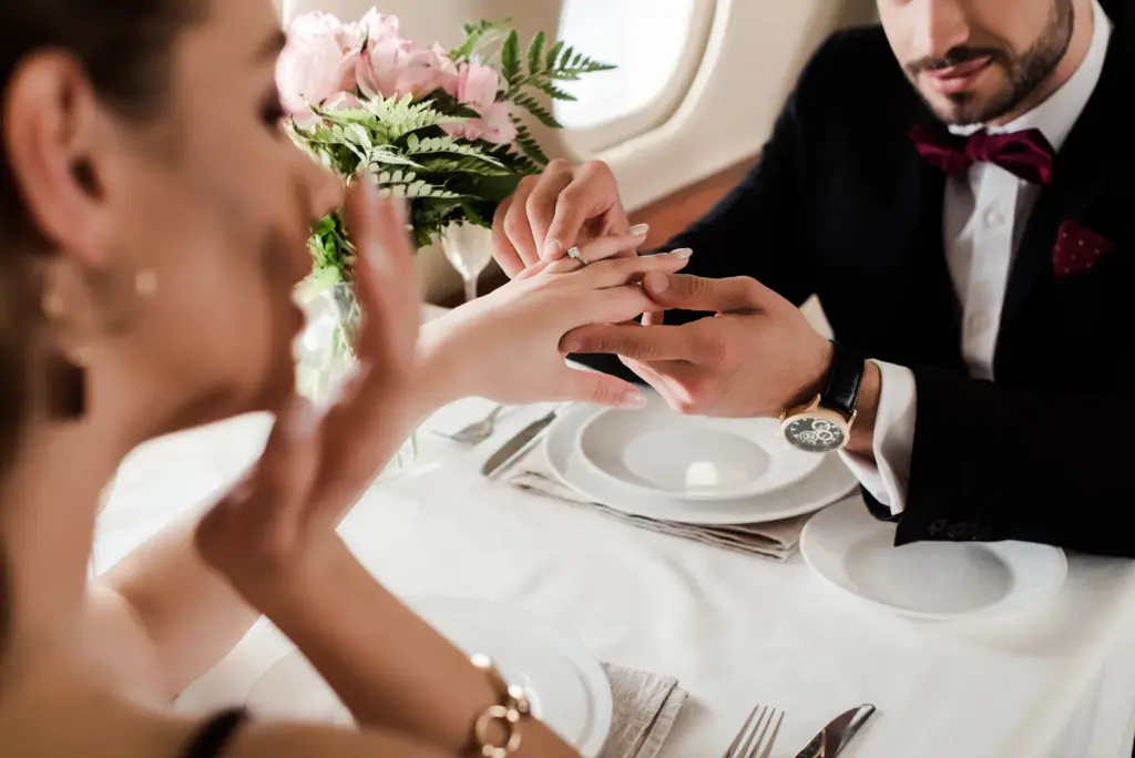 Couple celebrating a proposal on board a private jet