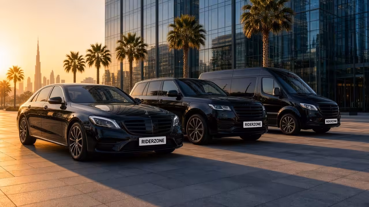 Riderzone luxury chauffeur fleet of sedan, SUV and van in Dubai
