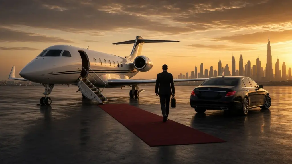 Private jet and chauffeur car at a Dubai private terminal